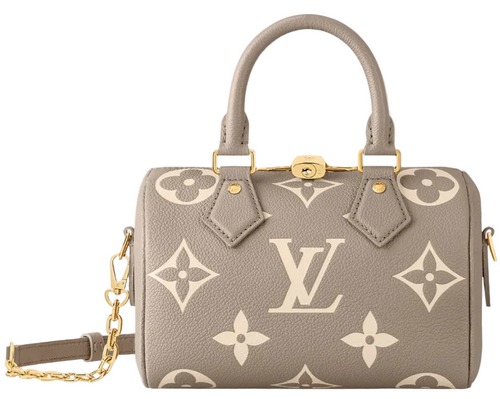 Gray handbag with white monogram pattern on a white background