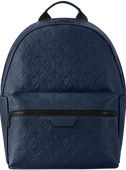 Blue backpack with discreet monogram pattern on a white background